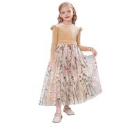 IDOPIP Kleider Mädchen Kinder Samtkleid Tüllkleid Langarm Prinzessin Kleid Weihnachten Blumenkleider Festlich Hochzeitskleid Elegant Partykleid Tutu Freizeitkleid Herbst Winter Aprikose 3-4 Jahre