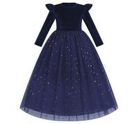 IDOPIP Kleider Mädchen Kinder Samtkleid Tüllkleid Langarm Prinzessin Kleid Weihnachten Blumenkleider Festlich Hochzeitskleid Elegant Partykleid Tutu Freizeitkleid Herbst Winter rein blau 5-6 Jahre