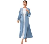 IDOPIP Muslimische Abayas für Frauen Langarm Open Front Cardigan Strass Applique Islamisches Dubai Maxi Kaftan Kleid mit Gürtel, Blau, Medium