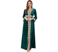 IDOPIP Muslimisches Damenkleid aus Samt, bestickt, Abayas, langärmelig, V-Ausschnitt, marokkanischer Maxi-Kaftan, Dubai, Robe, arabische, islamische Kleidung, Dunkelgrün, Mittel