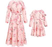 IDOPIP Mutter und Tochter Kleid Langarm Kleid Herbst Winter Maxikleid Lang Strandkleid Familien Boho Freizeitkleid Mama Mädchen Passend Familie Kleidung Familie Passendes Outfit Blume-rosa M
