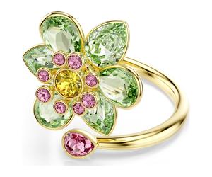 Idyllia Offener Ring, Verschiedene Schliffe, Blume, Grün, 18K Goldbeschichtet 52