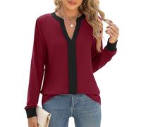 IECCP Bluse Damen Elegant V-Ausschnitt Oberteile Henley Shirts Herbst Plissiert Langarmshirt Basic T Shirt Festliche Kleidung Schwarz_Burgunderrot XXL
