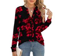 IECCP Bluse Damen Elegant V-Ausschnitt Oberteile Henley Shirts Herbst Plissiert Langarmshirt Basic T Shirt Festliche Kleidung Schwarz Blumen S