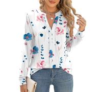 IECCP Bluse Damen Elegant V-Ausschnitt Oberteile Herbst Plissiert Langarmshirt Basic T Shirt Kleidung Festliche Blusenshirt Weiß Blumen L