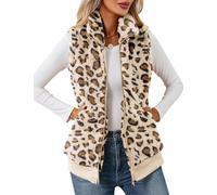 IECCP Damen Mantel Herbst Casual Leicht Ärmellos Weste Damen Lang Elegant Mode Kunstfell Weste Mit Taschen(Apricot Leopard,L)