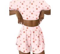 IECCP Schlafanzug Damen Schlafanzugoberteile und Kurze Hose Pyjamas Set Nachtwäsche Set Zweiteiliger Sommer Loungewear Sleepwear Aprikose mit Erdbeere Schlafanzug XXL