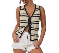 IEEILULU Häkel-Topwesten für Damen - Ärmellose Strickwesten, Sommerliche Casual Top mit Vorderer Kordel, Niedriges Tanktop, Beige-Schwarz Streifen, Größe L