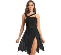 iEFiEL Damen Ballettkleid Tanzkleid mit Asymmetrisch Rock Wickelrock Tango Latein Kleider Leotard Ballettanzug Trikot Tanz-Body Gr. XS S M L XL Xa Schwarz S