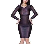 iEFiEL Damen Bodycon Kleid Langarm Etuikleid Transparent Meshkleid Eng Partykleid Midikleid Nachtkleid Nachthemd Unterkleid Schwarz XL