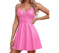 iEFiEL Damen Lackleder Kleid Wetlook Minikleid Spaghettiträger Partykleid A-Linie Skaterkleid Ärmellose Lederkleid Rosa M