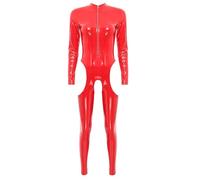 iEFiEL Damen Wetlook Jumpsuit mit Reißverschluss Leder-Look Body Catsuit glänzend Overall Dessous Ouvert-Leggings Clubwear Zd Rot S