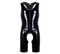 iEFiEL Herren Lackleder Overalls Wetlook Dessous Unterhemd Fitness Body Ouvert-Panties Trikot Bodysuit Ringershirt Schwarz Clubwear Schwarz XXL