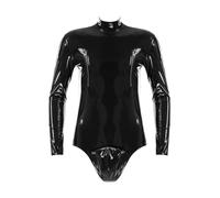 iEFiEL Herren Wetlook Body Lackleder Bodysuit Einteiler Männerbody Optik Leder Overall Jumpsuit Unterhemd Nachtwäsche Xb Schwarz Langarm XL