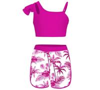 iEFiEL Mädchen Blumenmuster Tankini Set Hawaii Badeanzug Bademode Zweiteiler Badebekleidung Set Sportlich Gymnastikanzug Xa Hot Pink A 146-152
