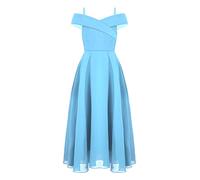 iEFiEL Mädchen Festlich Kleid Hochzeit Brautjungfern Kleider Chiffon Schulterfreies Kleider Ärmellose Sommer Kinderkleid Abendkleid Himmel Blau Trägerkleid 134-140