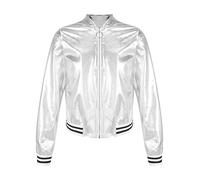iEFiEL Metallic Baseball Jacke Jungen Mädchen Kinder Kurz Wetlook Jacke Langarm College Sweatjacke Vintage Disco Outfits Y2k Kostüm Für Karneval Halloween Party Silber 158-164