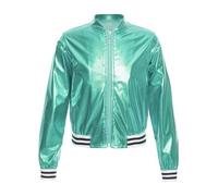 iEFiEL Metallic Baseball Jacke Jungen Mädchen Kinder Kurz Wetlook Jacke Langarm College Sweatjacke Vintage Disco Outfits Y2k Kostüm Für Karneval Halloween Party Blau Grün A 158-164