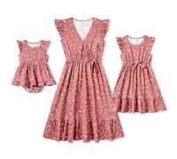 IFFEI Mutter Tochter Kleider Partnerlook Midikleid mit Flattersärmeln & Tupfen, Sommerliches Set für Mama & Mädchen Ideal für Familienfotos & Freizeit XL Rosa