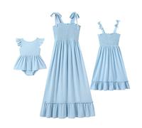IFFEI Partnerlook Mutter Tochter, Elegantes Boho Maxikleid mit gesmokter Brust & Bindeträgern, Sommerliches Stufenkleid für Mama & Mädchen, Perfekt für Fotos & Events XL Reines Blau