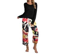 IFFEI Schlafanzug Damen Lang Zweiteiliger Pyjama Set Einfarbiger Rundhals Oberteil und 3/4 Lange Capri Hose Hausanzug Schwarz X-Large