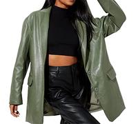 IFIKK Damen-Blazer aus Kunstleder mit Knopfleiste, übergroße Vintage-PU-Leder-Reversjacke (Green,M)