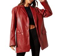 IFIKK Damen-Blazer aus Kunstleder mit Knopfleiste, übergroße Vintage-PU-Leder-Reversjacke (Red,L)