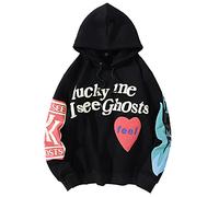 IFIKK Herren Kapuzenpullover Lucky Me I See Ghosts Hoodie Pullover Hip Hop Sweatshirt Kapuzenjacke Langarm Kapuzenpullover Rundhalsausschnitt Street Style Hoodie (4XL, Schwarz Frontdruck)