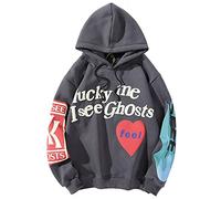 IFIKK Herren Kapuzenpullover Lucky Me I See Ghosts Hoodie Pullover Hip Hop Sweatshirt Kapuzenjacke Langarm Kapuzenpullover Rundhalsausschnitt Street Style Hoodie (XS, Grau Frontdruck)