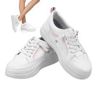 ifundom Damen Sneaker Weiß mit Dicker Sohle Flache Modische Damenschuhe aus PU Kunststoff Lässige Weiße Sneakers Größe 36 für Freizeit und Alltag