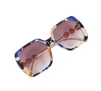 ifundom Modische Damen Sonnenbrille mit Perlen Quadratischer Blauer Blumenrahmen Robustes Metall Kunststoff Gestell Teefarbene Polycarbonat Gläser Outdoor Schutz