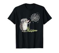 Igel mit Pusteblume T-Shirt - Igel mit Blumenstrauss - Damen - Unisex-Erwachsene - Schwarz - S - Kurzarm - Klassische Passform - Baumwolle 50%, Polyester 50%