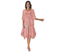 IGQ 2-teiliges Brautmutterkleid für Hochzeit, Tee-Länge, Spitze, Chiffon, Rüschen, formelles Kleid mit Jacke, Dusty Rose, 40