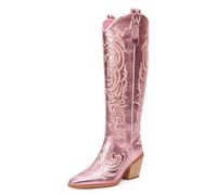 iiimmu Cowgirl-Stiefel für Damen, kniehohe Stiefel, spitzer Zehenbereich und Blockabsatz, Cowboystiefel aus Wildleder und Kunstleder mit Stickerei, Metallic-Rosa, kniehoch, 41 EU