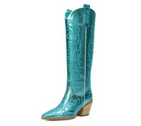 iiimmu Cowgirl-Stiefel für Damen, kniehohe Stiefel, spitzer Zehenbereich und Blockabsatz, Cowboystiefel aus Wildleder und Kunstleder mit Stickerei, Metallic-Blau, kniehoch, 37.5 EU