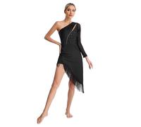 iiniim Damen Latein Tanzkleid Glitzer Langarm Ballettkleid mit Asymmetrisch Fransen Rock Chacha Salsa Modern Dance Ballsaal Tanzkostüm Schwarz XXL