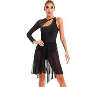 iiniim Eiskunstlauf Kleid Damen EIN-Schulter Lyrischen Tanzkleid Glitzer Ballettkleid mit Strass Asymmetrisch Rock Ballerina Latein Eislaufen Tanzkleidung Schwarz XL