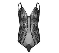 iiniim Herren Body Spitze Unterhemd Rückenfrei Stringbody Männer Strings Reizwäsche Unterwäsche Nachtwäsche M-2XL Schwarz L