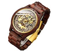 IK COLOURING Herren-Armbanduhr, luxuriös, mechanisch, Holzgehäuse, Skelett, Lumius, automatisch, selbstaufziehend, leicht, echtes Lederarmband/Holzband, Braun, Mechanisch, selbstaufziehend