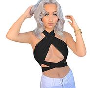 ikasus Sexy Sommer-Tanktop für Frauen, sexy, Criss Cross Halter, Ausschnitt, Cutout, Top, Kurze Tops, ohne Ärmel, mit Ausschnitten, einfarbig, mit Schultergurt, Slim Fit, Crop-Top, schulterfrei