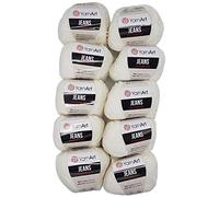 Ilkadim 10 x 50g Strickwolle YarnArt Jeans einfarbig mit 55% Baumwolle, 500 Gramm Wolle Uni (Creme 01)