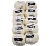 Ilkadim 10 x 50g Strickwolle YarnArt Jeans einfarbig mit 55% Baumwolle, 500 Gramm Wolle Uni (Creme 03)