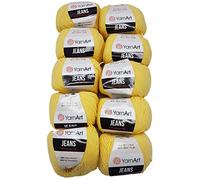 Ilkadim 10 x 50g Strickwolle YarnArt Jeans einfarbig mit 55% Baumwolle, 500 Gramm Wolle Uni (gelb 88)