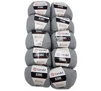 Ilkadim 10 x 50g Strickwolle YarnArt Jeans einfarbig mit 55% Baumwolle, 500 Gramm Wolle Uni (grau 46)
