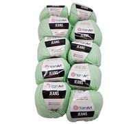 Ilkadim 10 x 50g Strickwolle YarnArt Jeans einfarbig mit 55% Baumwolle, 500 Gramm Wolle Uni (Mint 79)