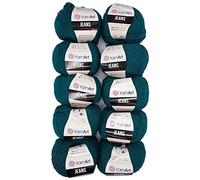 Ilkadim 10 x 50g Strickwolle YarnArt Jeans einfarbig mit 55% Baumwolle, 500 Gramm Wolle Uni (Petrol 63)