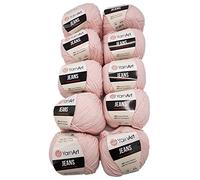 Ilkadim 10 x 50g Strickwolle YarnArt Jeans einfarbig mit 55% Baumwolle, 500 Gramm Wolle Uni (rosa 18)