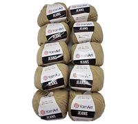 Ilkadim 10 x 50g Strickwolle YarnArt Jeans einfarbig mit 55% Baumwolle, 500 Gramm Wolle Uni (Sand 48)