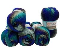 Ilkadim 5 x 100 g YarnArt Ambiance Strickwolle Mehrfarbig mit Farbverlauf, 500 Gramm Strickgarn mit 20% Wolle-Anteil (grau blau grün 158)