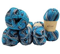 Ilkadim Export 5 x 100 Gramm Sockenwolle Alize Wooltime mehrfarbig, 75% Superwash Wolle, 500 Gramm Strickwolle für Stricksocken und Strümpfe (türkis schwarz grau 11017)